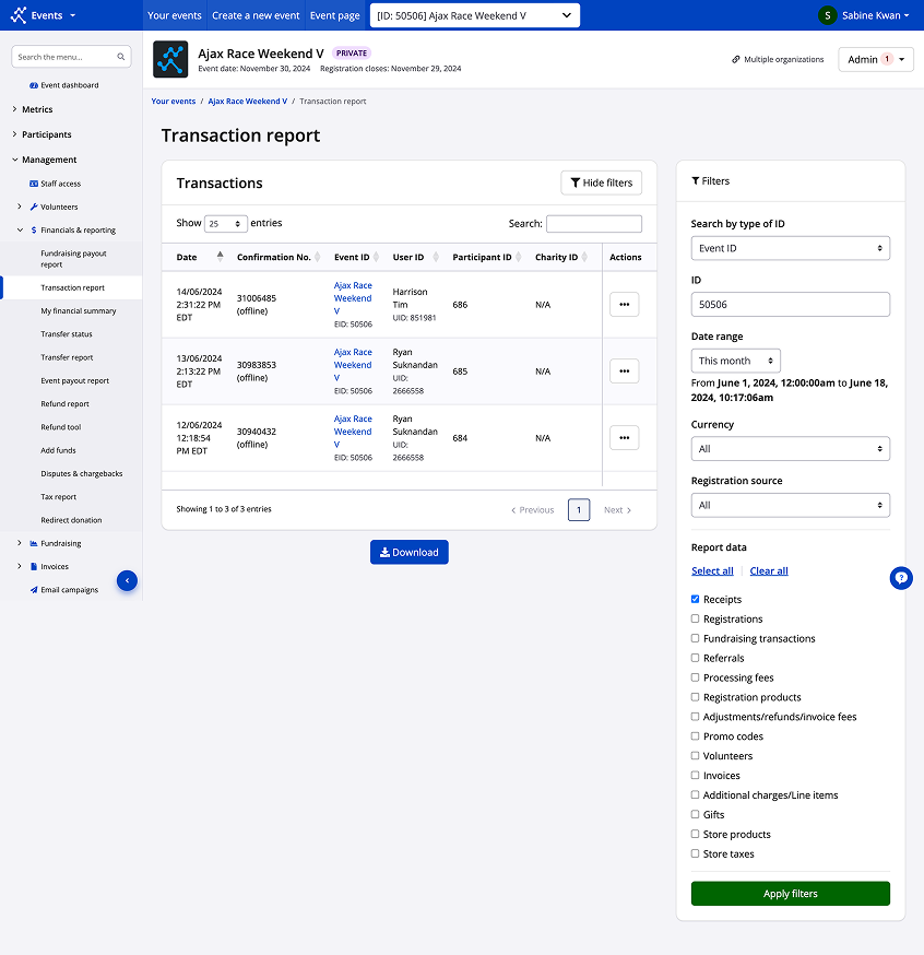 Before state of the payment report filter design, showing report data as checkboxes